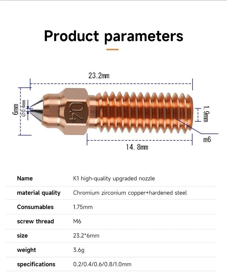 For Creality K1/K1 Max Nozzle Copper 3D Printer Nozzles 0.2-1.0mm 1.75mm - Dukes Supplies