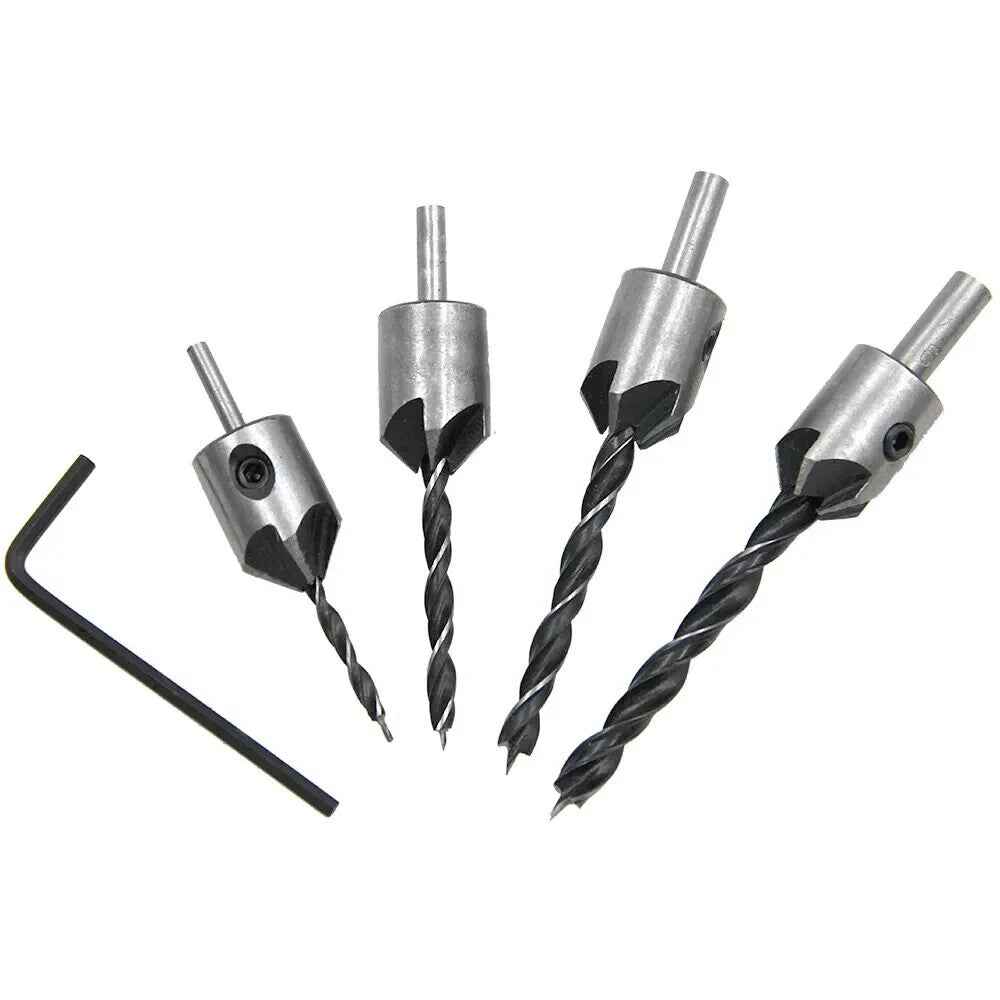 4x HSS 5 Flute Countersink Drill Bit Set Reamer Woodworking Chamfer & Wrench - Dukes Supplies