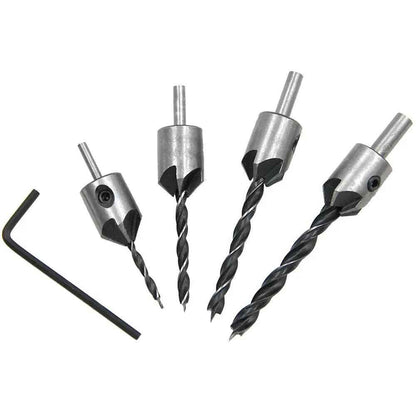 4x HSS 5 Flute Countersink Drill Bit Set Reamer Woodworking Chamfer & Wrench - Dukes Supplies