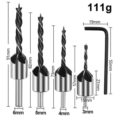 4x HSS 5 Flute Countersink Drill Bit Set Reamer Woodworking Chamfer & Wrench - Dukes Supplies