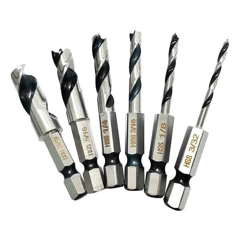 6pc Three Pointed Drill Bits Set - Hex Shank Woodwork Drill Tool Set HSS Steel - Dukes Supplies