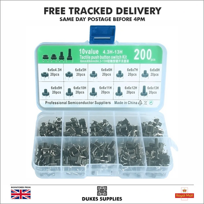 200pc Push-Button Switches Kit - 10 Types, 6x6mm, Durable ABS, DIY Learner