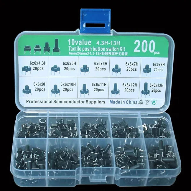 200 Push-Button Switches Kit - 10 Types, 6x6mm, Durable ABS, DIY Learner - Extracted Image 1