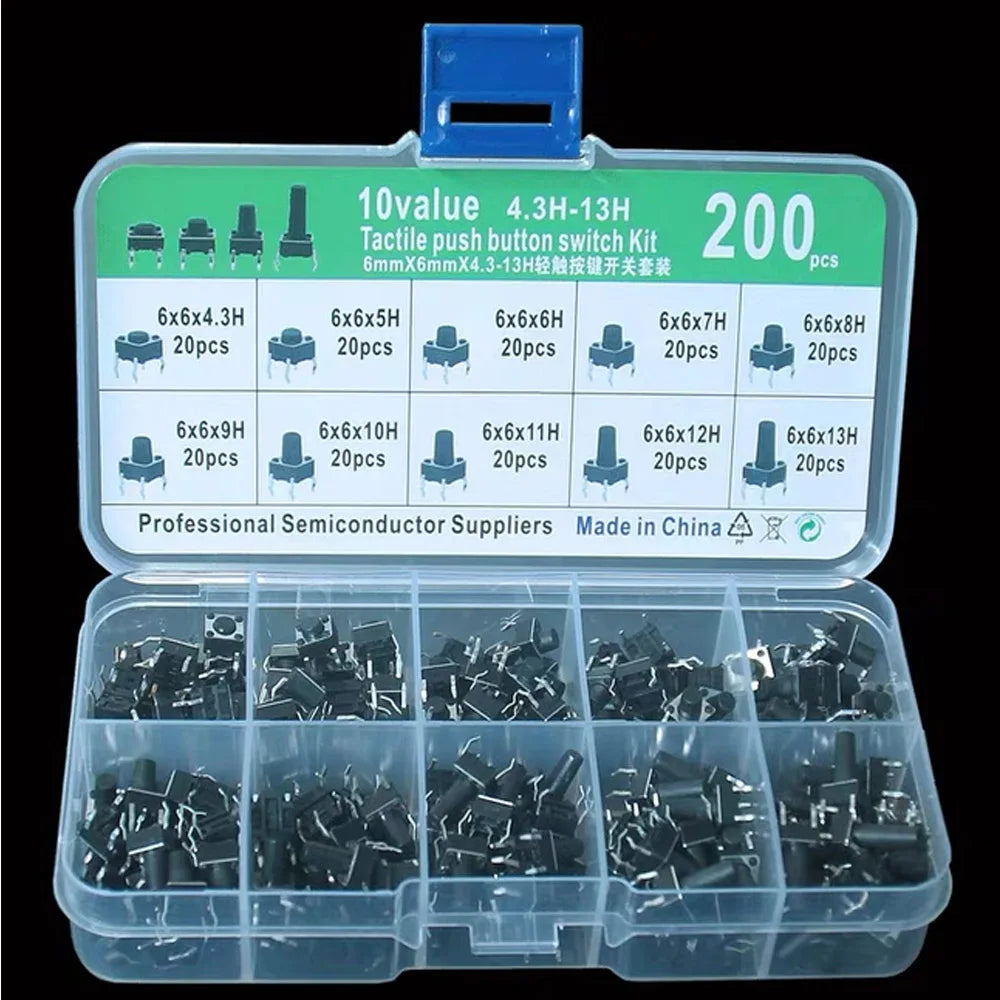 200 Push-Button Switches Kit - 10 Types, 6x6mm, Durable ABS, DIY Learner - Image 1