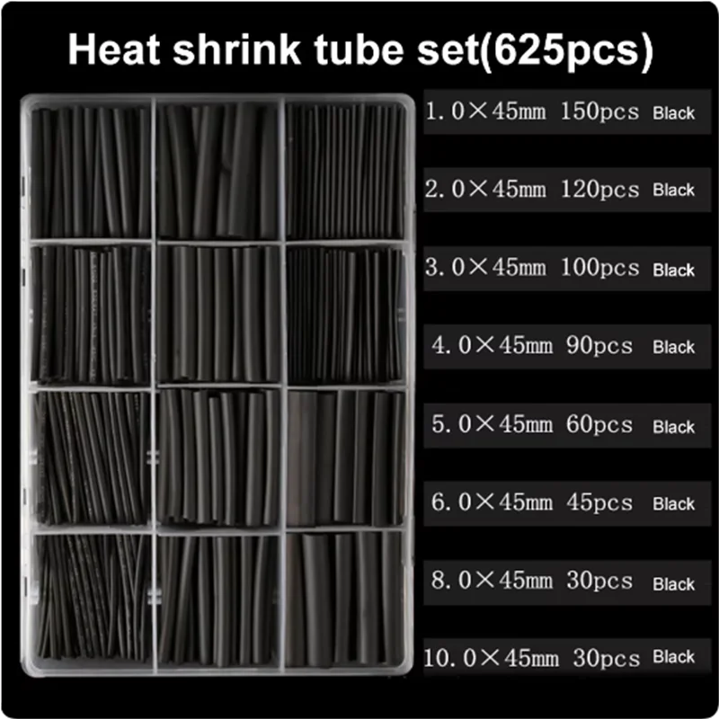 625pcs/lot Thermoresistant tube Shrink wrapping 2:1 Black heat shrink Sleeving set Wire Cable Polyolefin Wrap Tubing - Extracted Image 5