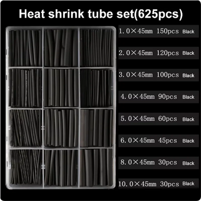 625pcs/lot Thermoresistant tube Shrink wrapping 2:1 Black heat shrink Sleeving set Wire Cable Polyolefin Wrap Tubing - Extracted Image 5